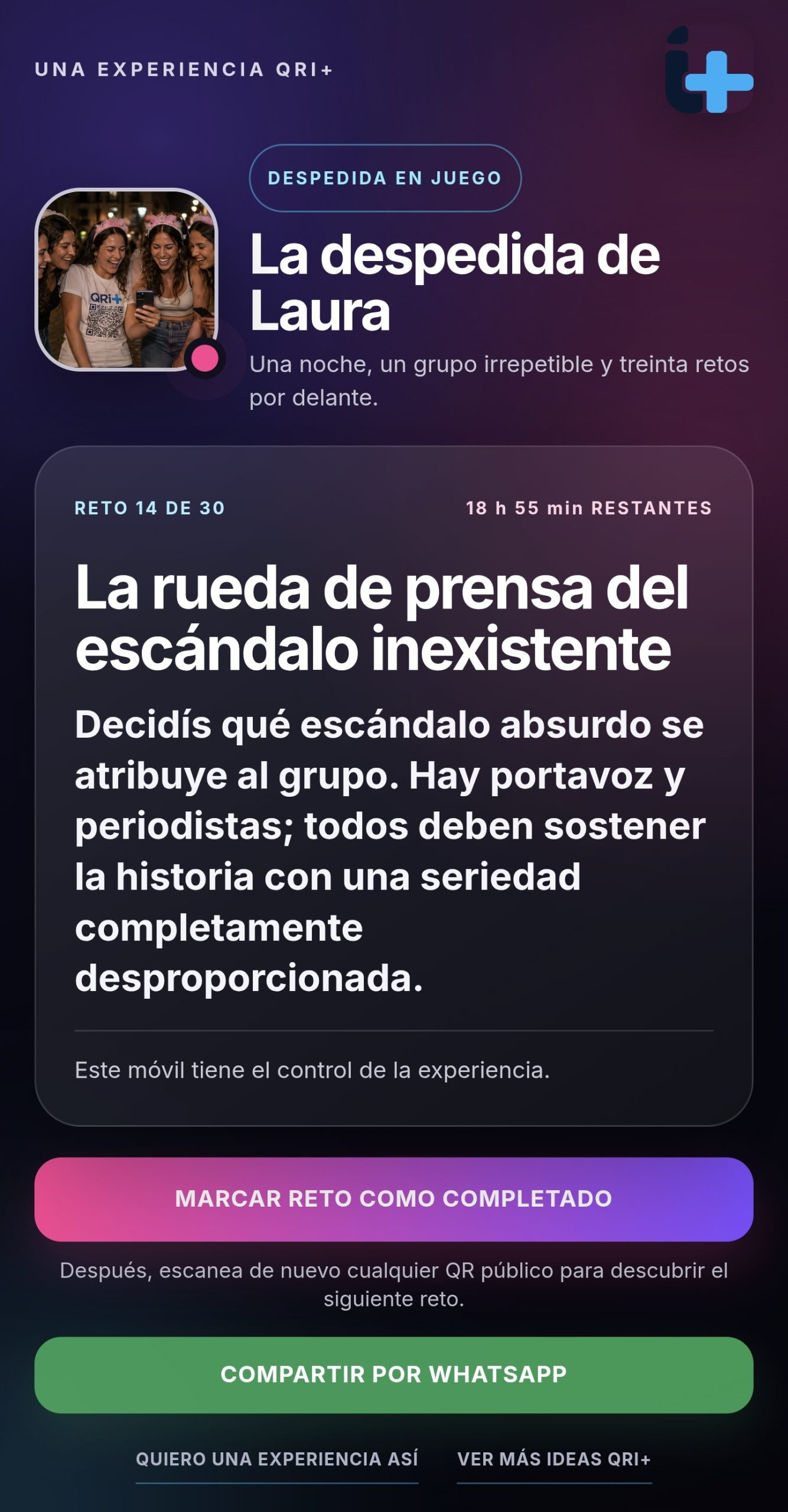 Pantalla del móvil de control de QRi+ Despedidas