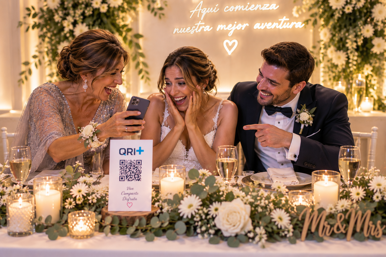 Escena promocional de novios compartiendo una propuesta de QRi+