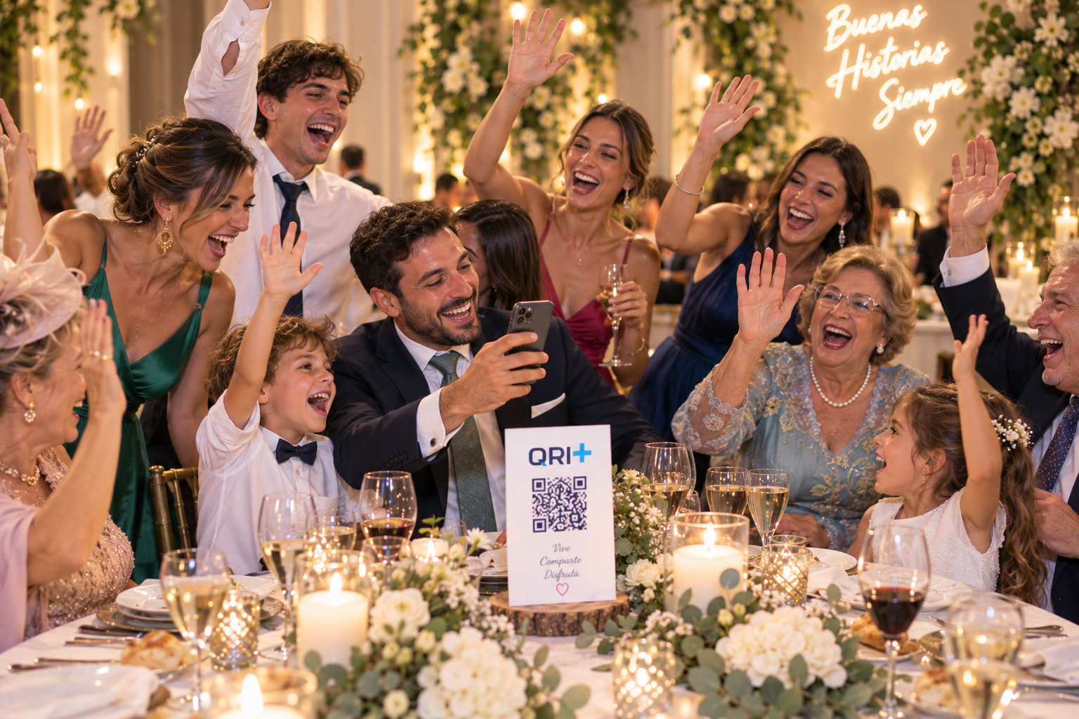 Escena promocional de invitados creando un recuerdo juntos durante una boda